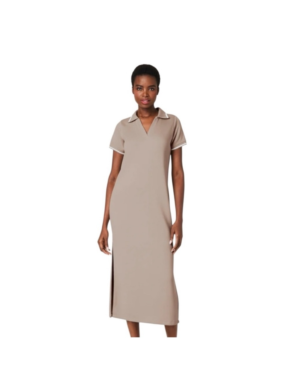 NWT SPANX AirEssentials Pique Polo Taupe Polo-Style Midi Dress with Side Slit L